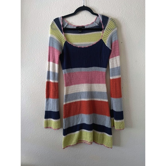 Forever 21 Dresses & Skirts - Forever 21 Womens Small Striped Crochet Mini Dress Cover Up  Long Sleeve Cotton